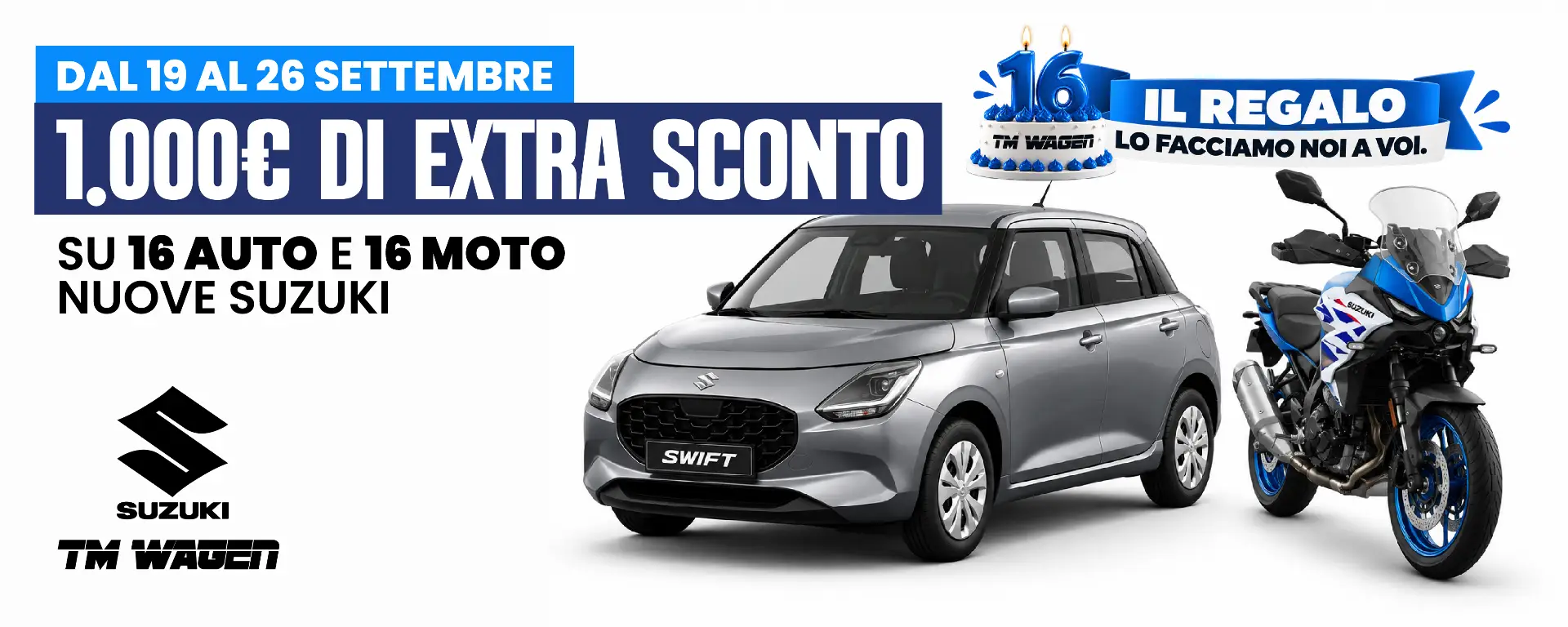 slider Suzuki da TM Wagen: dal 19 al 26 settembre, 1.000 € di extra sconto su auto e moto nuove