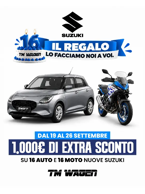 slider Suzuki da TM Wagen: dal 19 al 26 settembre, 1.000 € di extra sconto su auto e moto nuove